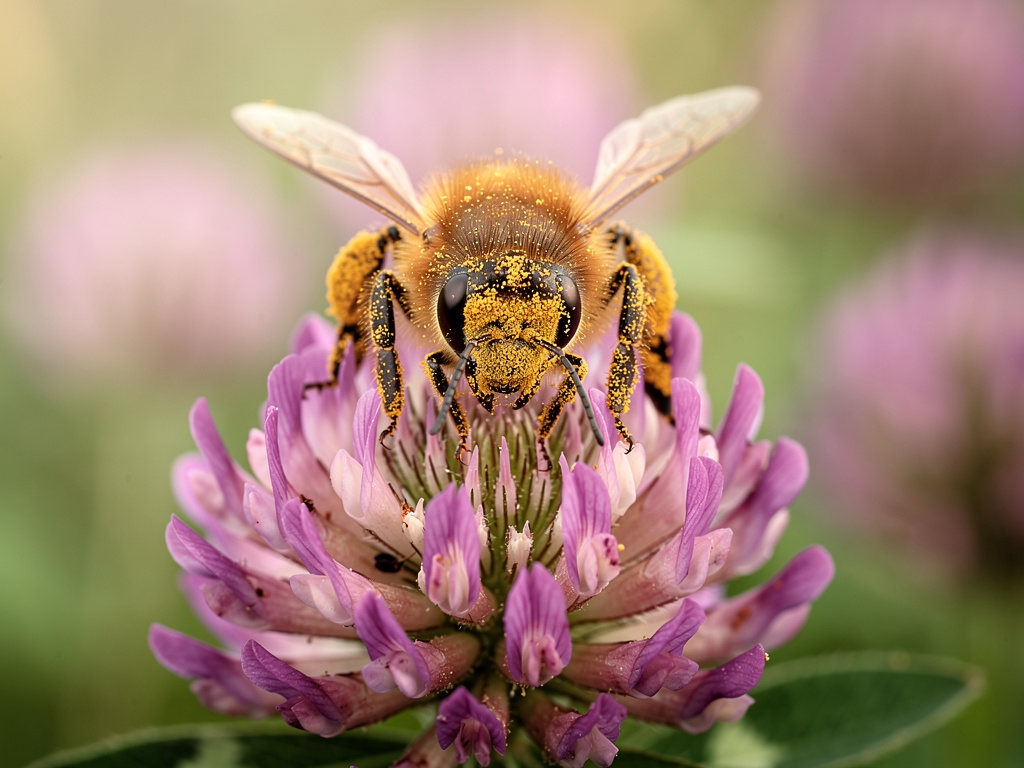 Nahaufnahme einer Honigbiene beim Bestäuben einer Blüte