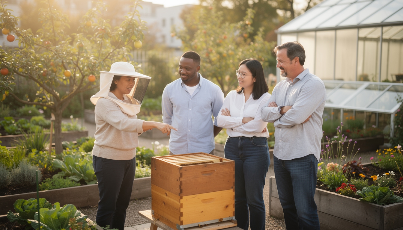 Gruppe diskutiert Stadtimkerei in einem Gemeinschaftsgarten