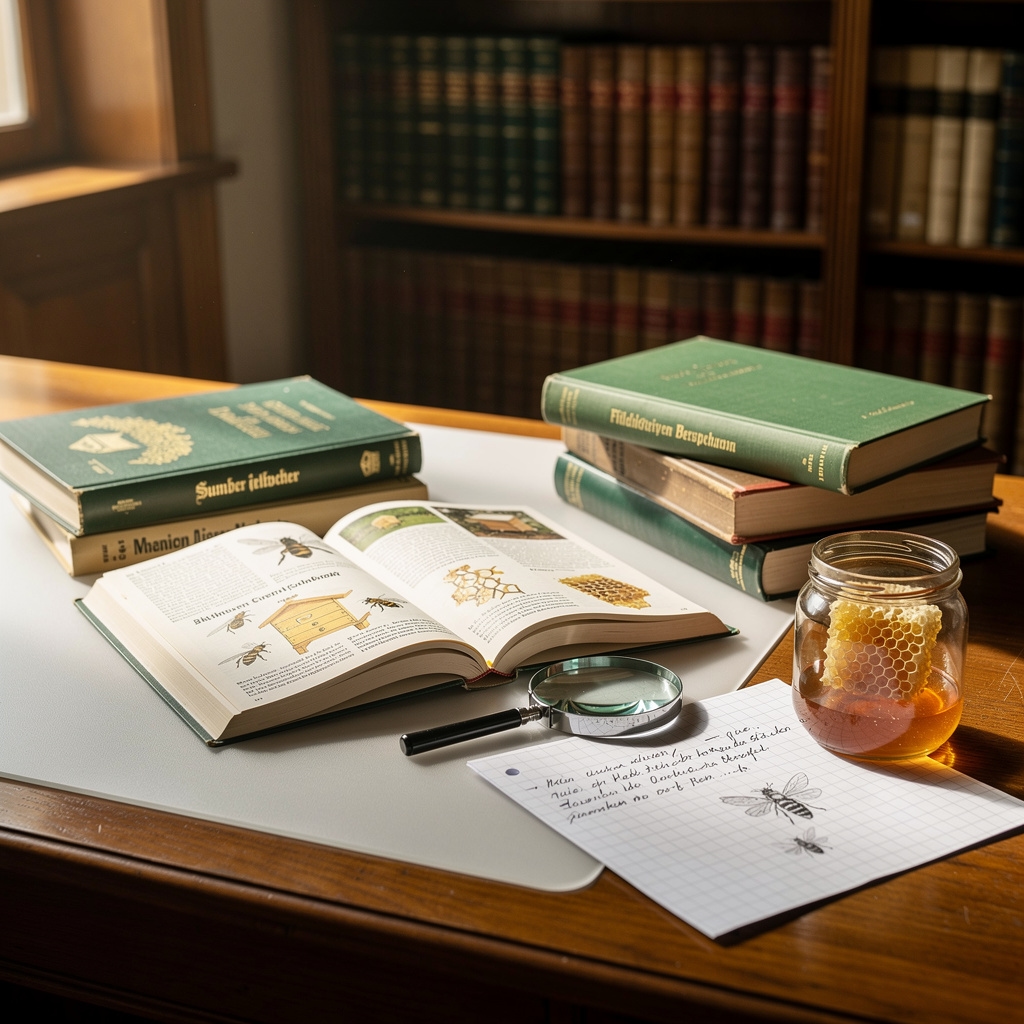 Imkerei-Fachliteratur auf einem Schreibtisch mit Notizen