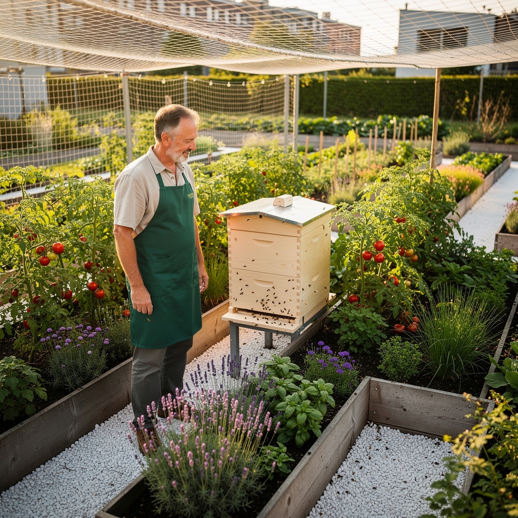 Bienenstock in einem städtischen Kleingarten zwischen Gemüsebeeten
