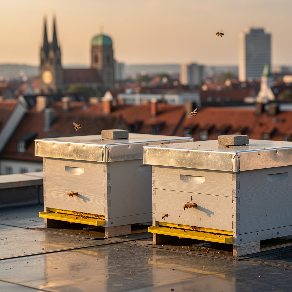 Bienenstock auf einem Stadtdach mit Nürnberger Stadtpanorama