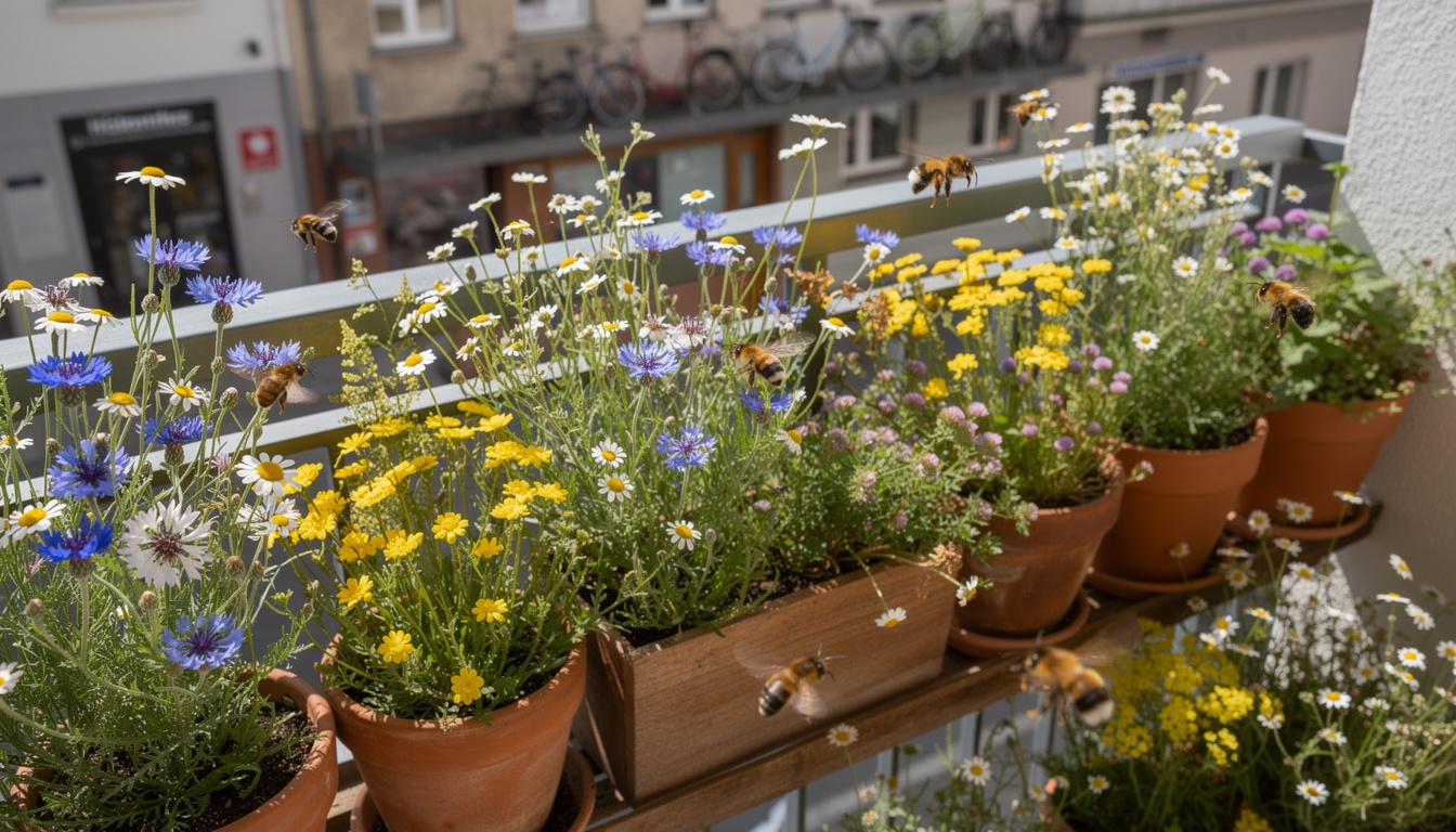 Blühende Wildblumenwiese auf einem Stadtbalkon mit Bienen